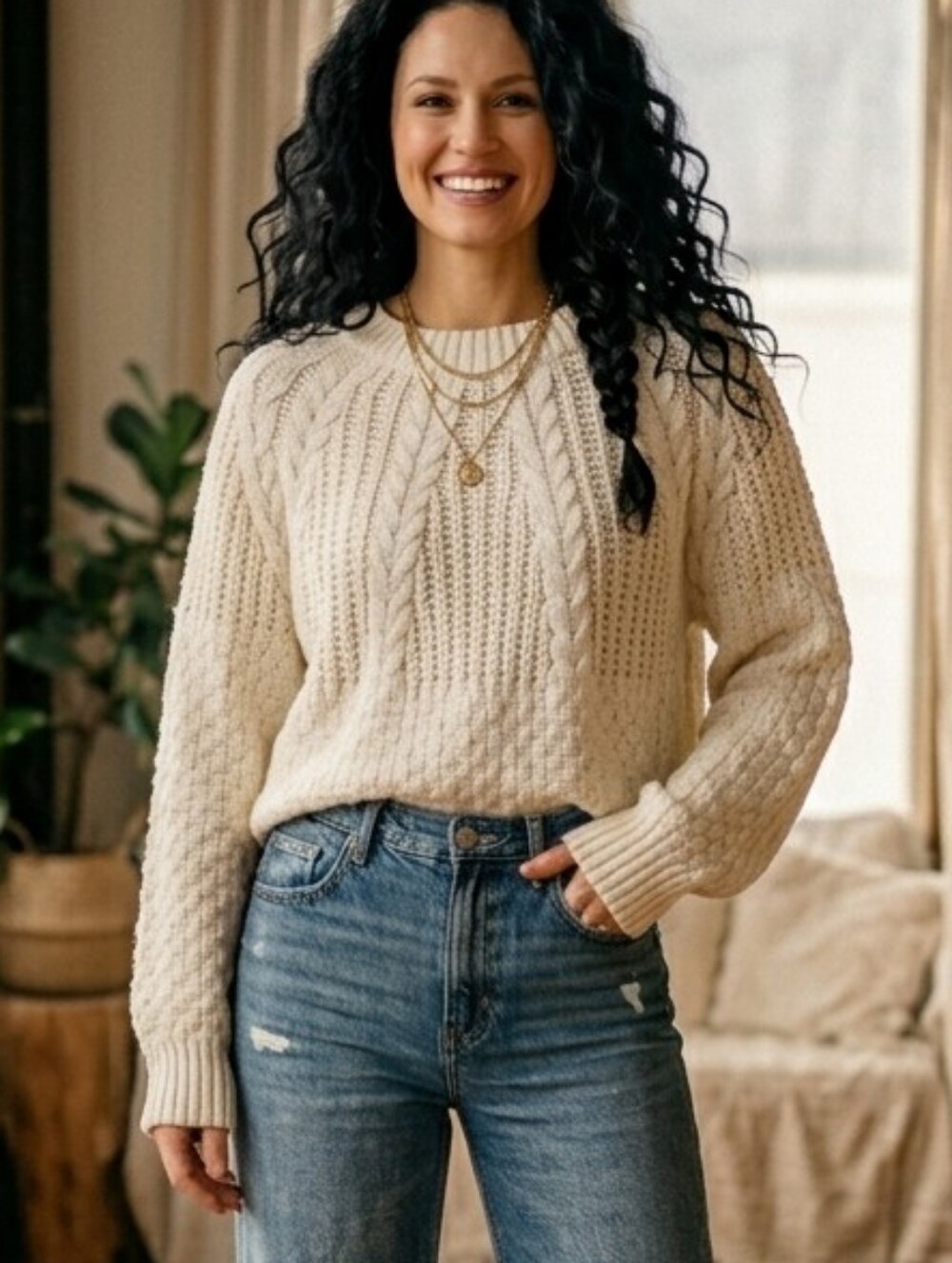 Tahari textured knit cotton blend crew neck sweater  cream white Large T3